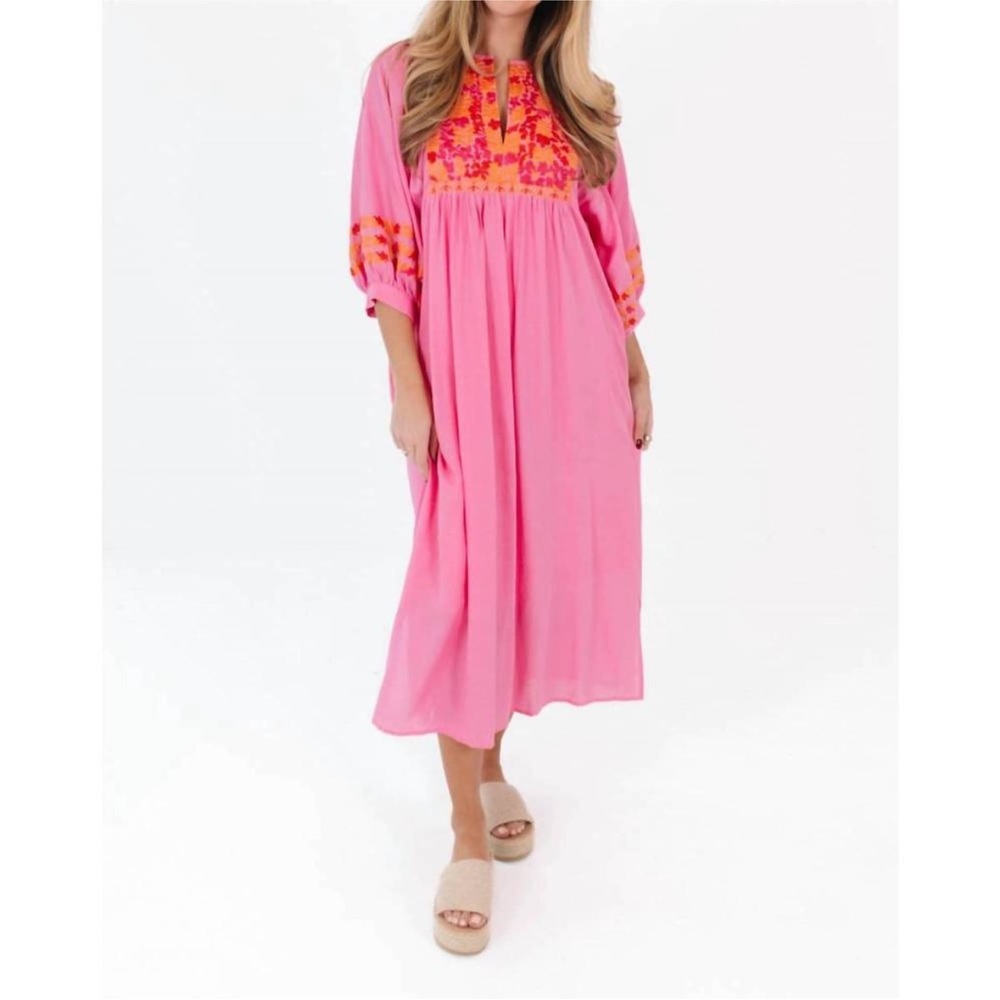 Embroidered Pink Midi Dress with 3/4 Sleeves